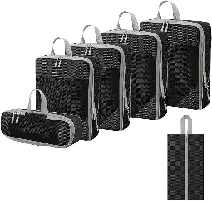 WOOMADA Compression Packing Cubes for Suitcases Travel Essentials 6 Set Rectangle Mesh Expandable Travel Bags Organizer for Luggage by WOOMADA