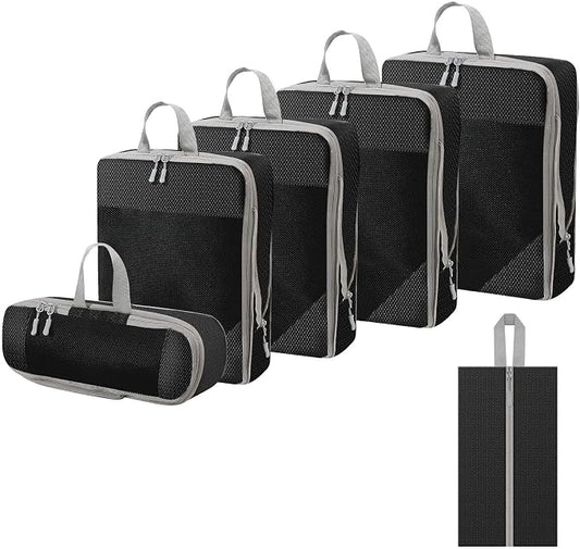 WOOMADA Compression Packing Cubes for Suitcases Travel Essentials 6 Set Rectangle Mesh Expandable Travel Bags Organizer for Luggage by WOOMADA