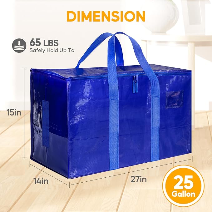 HealSmart 8 Pack Large Moving Bags with Zippers & Handles, Moving Supplies with lids, Heavy Duty Totes for Space Saving, Fold Flat, Moving and Storing, Blue - Image 2