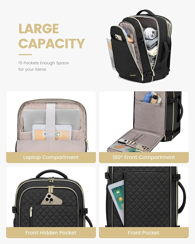 LOVEVOOK Large Travel Backpack for Women, 40L Carry on Backpack for Airplanes,TSA Personal Item Travel Bag fits 17" Laptop,Travel Essentials Carry On Bag Flight Approved with 3 Packing Cubes - Image 3