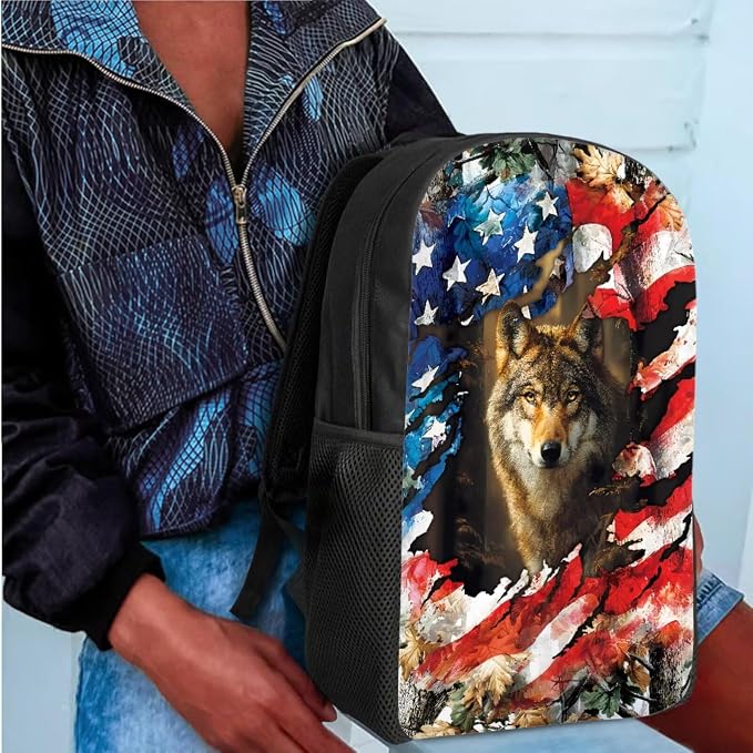 GIFTPUZZ Wolf American Flag Backpack 17 Inch Set Boys | Camo 4-Piece Set, Lunch Box, Water Bottle Sleeve, Back to School Book Bags, Ages 8-10 - Image 4