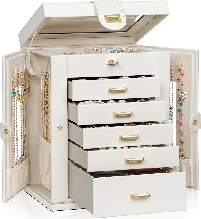 AKOZLIN 6-Tier Jewelry Box Organizer Functional 5 Drawers Leather Jewelry Storage Case for Women Girls Ring Necklace Earring Bracelet Holder Organizer with Mirror White 360° Rotating by AKOZLIN