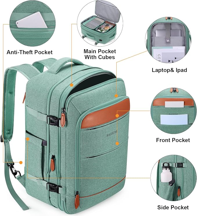 Bagsure Travel Backpack Carry On Backpack 42L Flight Approved, Expandable Laptop Backpack with Packing Cubes & Shoe Pocket, Water Resistant Luggage Backpack for Men Women, Large Backpack 20 * 14 * 7" - Image 5