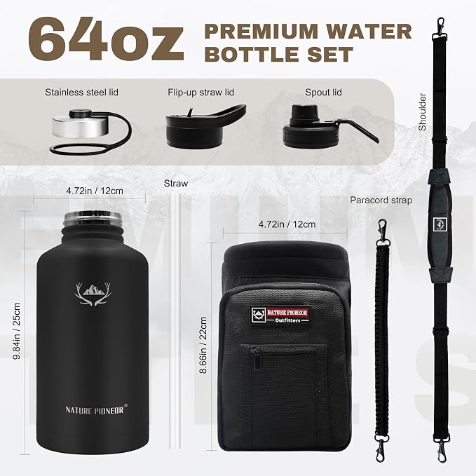 NATURE PIONEOR 64 oz Insulated Water Bottle with Carrier Bag & 3 Lids | 18/8 Food-grade Stainless Steel, Double Vacuum Insulation, 3 Leak-proof Lids, Strap, Camping, Hiking, Gym, Work - Image 6