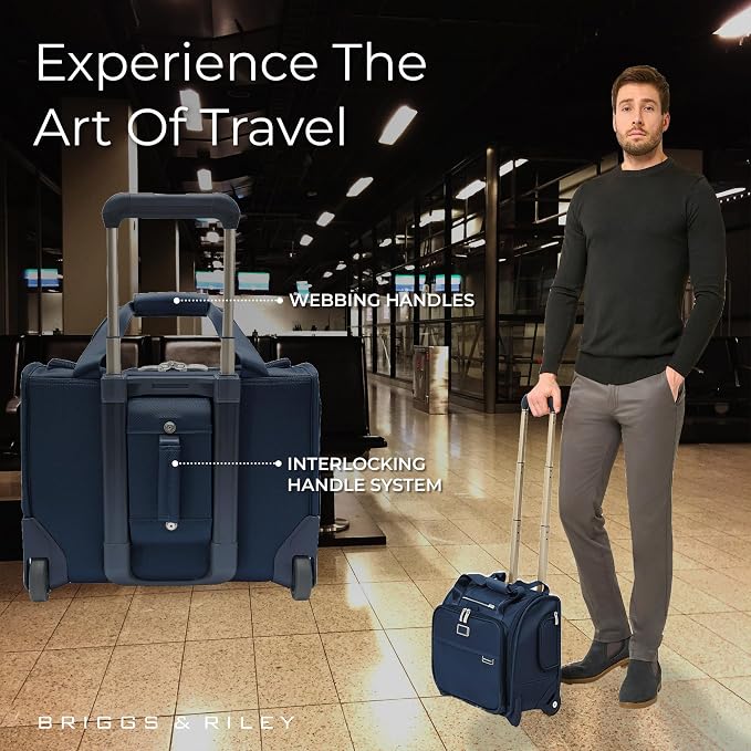 Briggs & Riley 2-Wheel Cabin Bag - Carry On Luggage for Travel, Suitcases with Wheels, Softside Rolling Bag for Men & Women, Interlocking Handle, Self-Repairing Zipper - Baseline Collection, Navy - Image 5