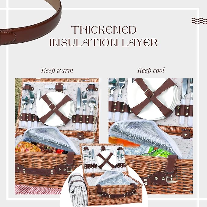 Picnic Baskets Wicker Willow Picnic Set for 4 Persons with Insulated Cooler Bag and White Floral Waterproof Picnic Blanket Gift for Christmas Thanksgiving Wedding Birthday Camp Outdoor Beach Travel - Image 6