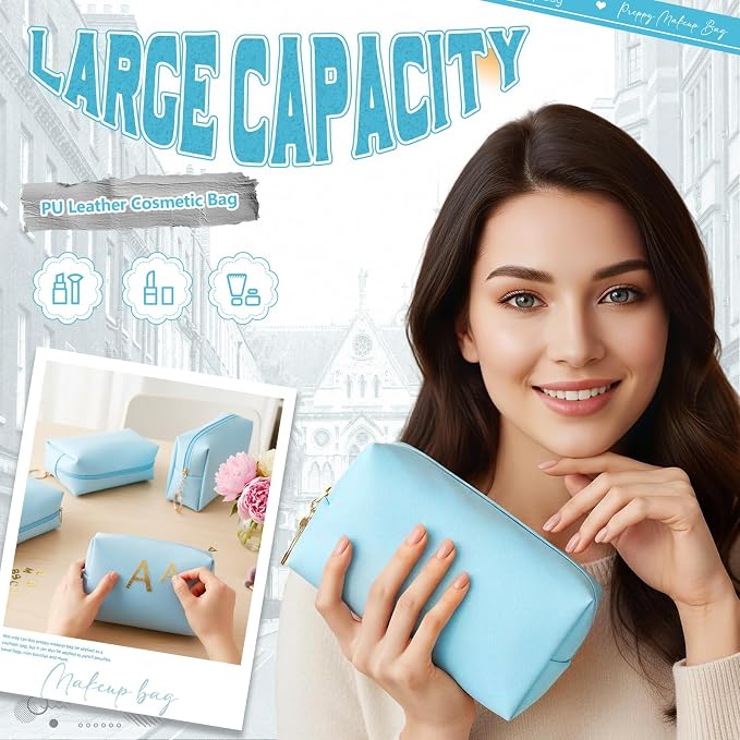 Chunful 24 Pcs Preppy Makeup Bag PU Leather Cosmetic Bag Bulk Makeup Plain Pouch Waterproof Toiletry Purse for Women Traveling Preppy Pencil Case Valentine's Day Gifts(Blue) - Image 5