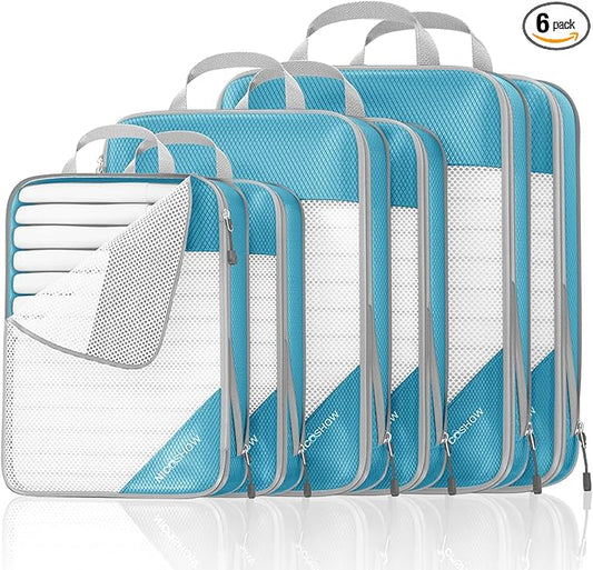 NICOSHOW Compression Packing Cubes 6 Set, Compressible Space-Saving Packing Cubes for Travel - Compression Bags, Luggage Organizer, Travel Essentials for Women, Teal by NICOSHOW