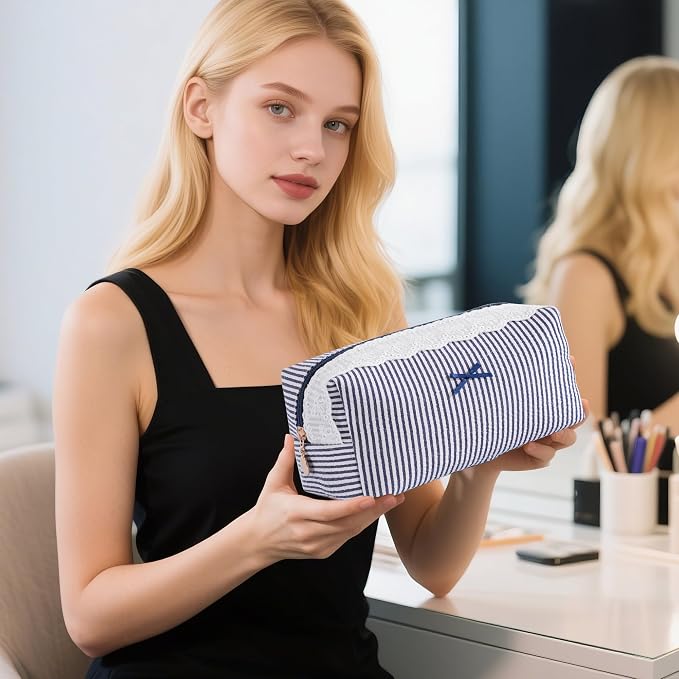 Makeup Bag Travel Toiletry Bag for Women, Small Cosmetic Bags with Lace Trim Cute Navy Stripe Aesthetic Organizer Makeup Pouch for Purse Emergency Bag Pencil Case Accessory Bag - Image 2