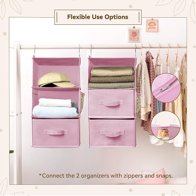 GRANNY SAYS Hanging Closet Organizer 6-Shelf, Separable to 2 Pack 3-Shelf Closet Storage Organizer with 4 Side Pockets, 3 Different Drawers, Portable Hanging Shelves for Baby Clothes, Sweater, Pink - Image 4