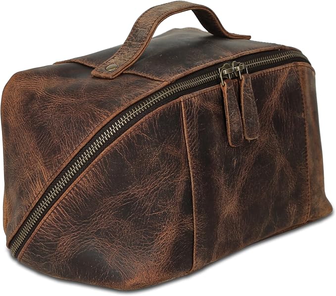 KomalC Luxury Leather Men’s Toiletry Travel Bag – Handmade Shaving Kit with Waterproof Interior, Spacious Storage & Carry Handle – leather travel Kit Bag for Men & Women (Dark Brown) by KomalC
