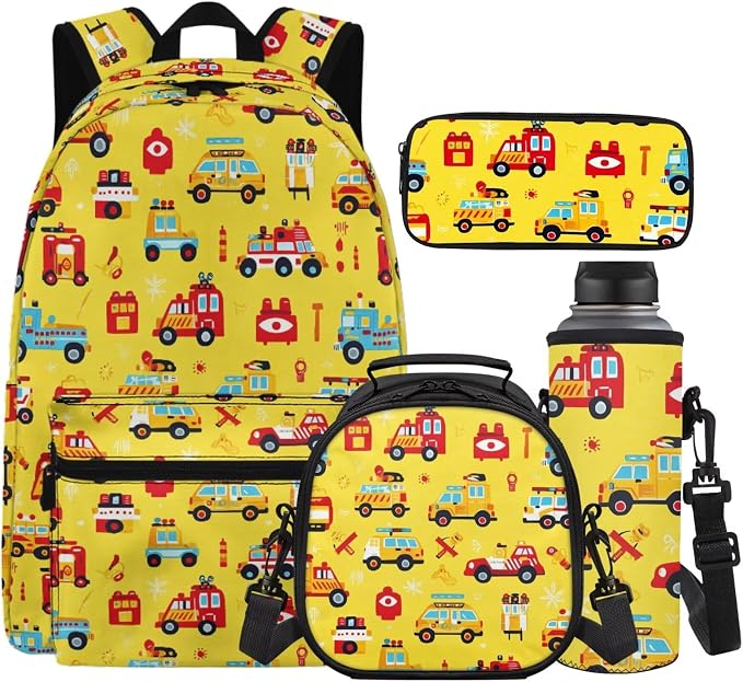 Car Boys School Bag with Lunch Box Pencil Case Water Bottle Sleeve 4 in1 Set Boys Backpacks Ages 8-10 6-8 Kids Bookbag for Elementary Middle Travel Outdoor Daypack by Unknown