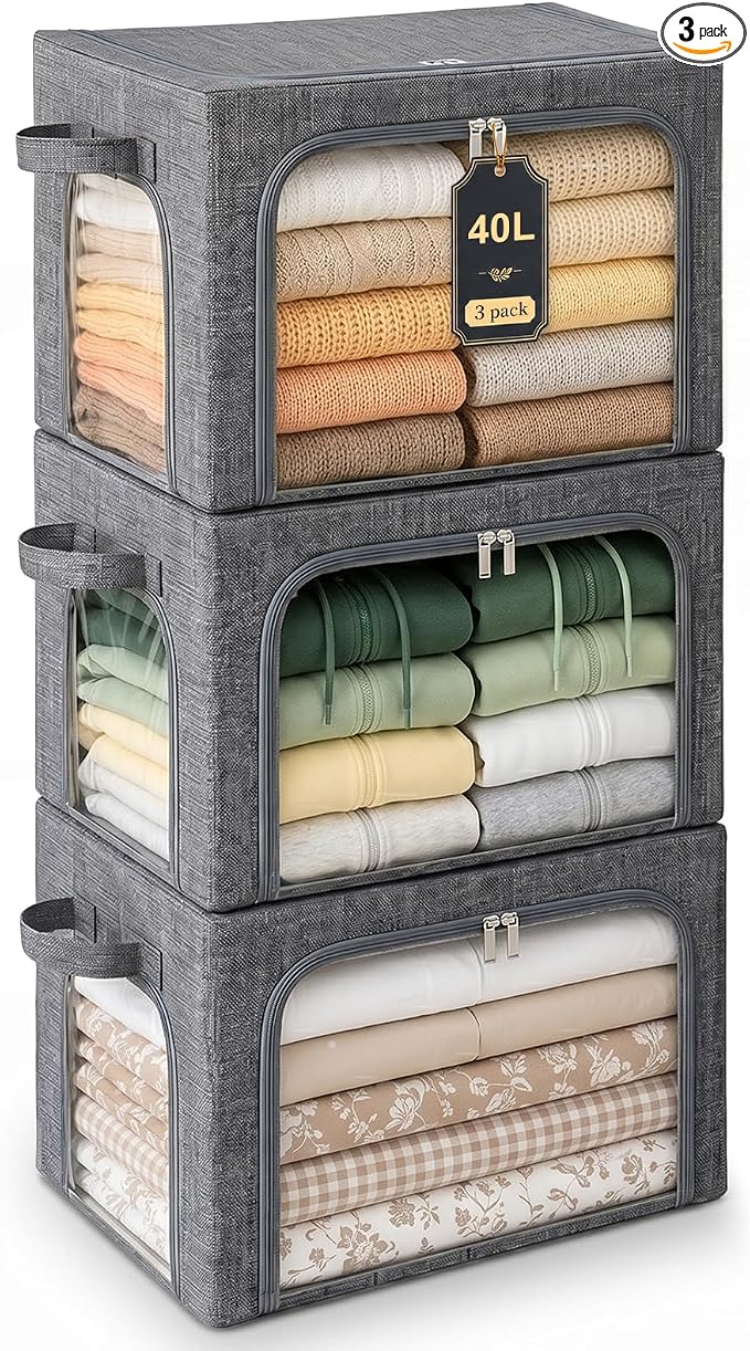GoMaihe 3 Opening Clothes Storage Bins with Metal Frame, 40L Sweater Storage Organizer for Upper Shelf Closet Storage Boxes with Clear Window for Hoodies Jeans Towel 3-Pack Grey by GoMaihe