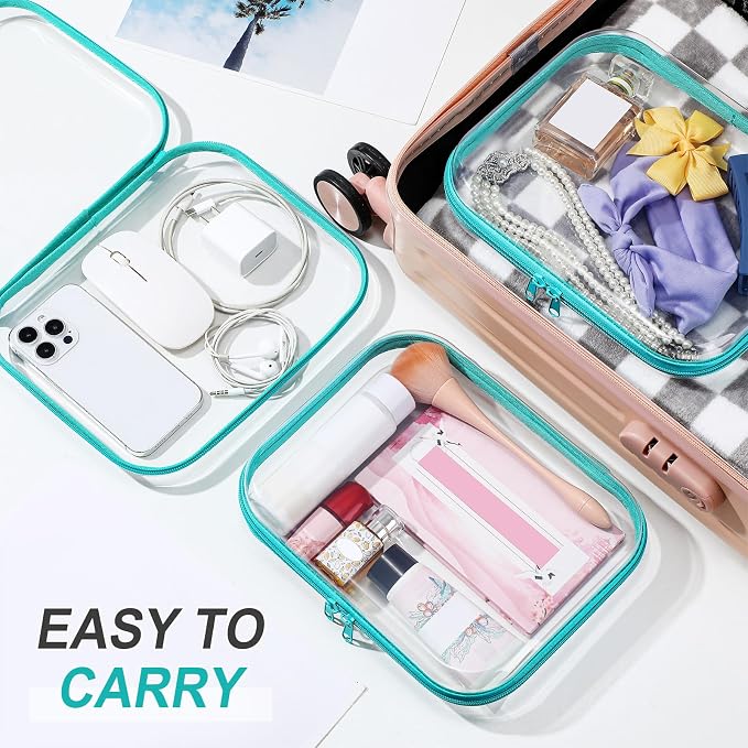 Sanwuta 6 Pcs Clear Hard Zipper Case Plastic Zipper Pouches Transparent Makeup Bag Pencil Case Pouches Toiletry Diaper Bag for Travel Toy Storage Organizer Bins(Teal,9.84 x 7.87 x 2 Inch) - Image 6