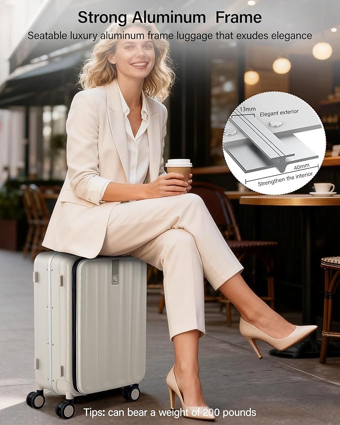 Hanke 24 Inch Checked Luggage PC Hard Case Luggage Top Opening Aluminum Frame Travel Luggage Suitcases with Wheels for Woman Men.(Ivory white) - Image 5