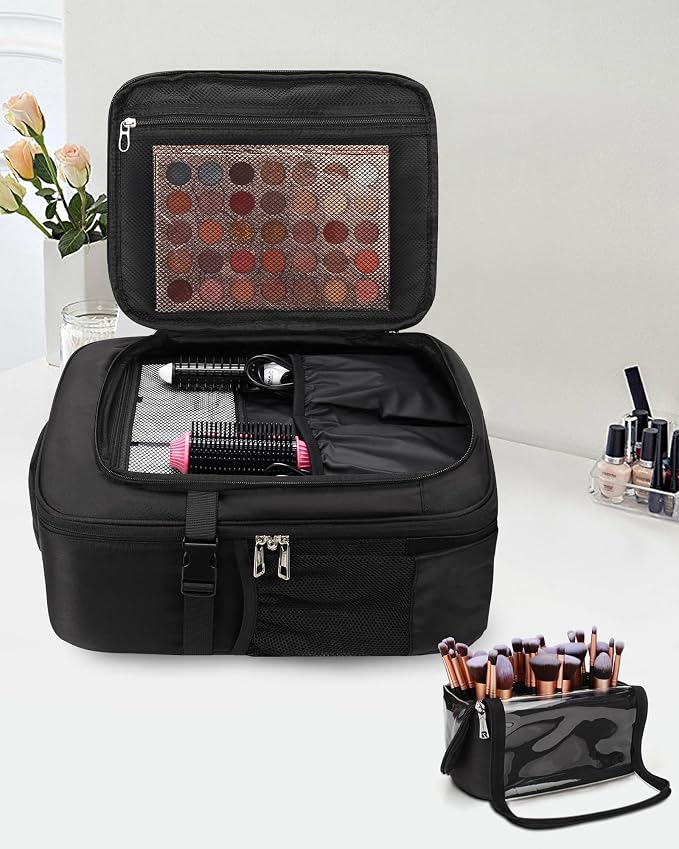 Relavel Professional Makeup Case Makeup Backpack and Makeup Brush Case for Makeup Artists, Cosmetic Storage Organizer Makeup Brush Holder, with Shoulder Strap and Adjustable Dividers Black - Image 2