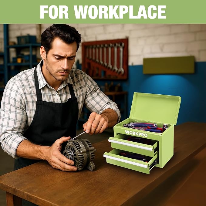 WORKPRO Metal Mini Tool Box with 2 Drawers and Top Storage | Cold Rolled Steel Toolbox, Ball Bearing Slides, PVC Drawer Liners, PP Feet Pads, Durable Storage - Image 6