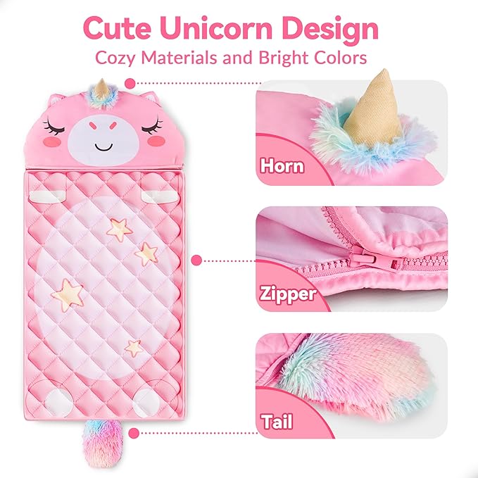 iPlay, iLearn Kid Sleeping Bag, Unicorn Slumber Sack, Toddler Girl Nap Mat | 2 in 1 Pink Animal Cushion Pillow Blanket, Happy Travel Sleepover Daycare Preschool Birthday Gift for 3 4 5 6 Year Old Child - Image 4