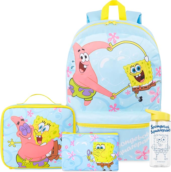 Get Trend SpongeBob SquarePants Kids Backpack 4 Piece Set for Boys, Girls | 18 Inch Bookbag with Insulated Lunch Bag, Zipped Pencil Case & BPA-Free Water Bottle, Back to School Gifts for Kids by GetTrend