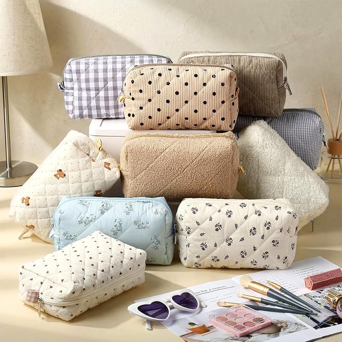 Paterr 10 Pcs Quilted Makeup Bag Bulk Cotton Floral Cosmetic Bag Women Girls Bridesmaid Gifts Cute Makeup Pouch Coquette Aesthetic Travel Toiletry Organizer(Plaid Floral,7.87 x 4.72 x 3.15 Inches) - Image 3