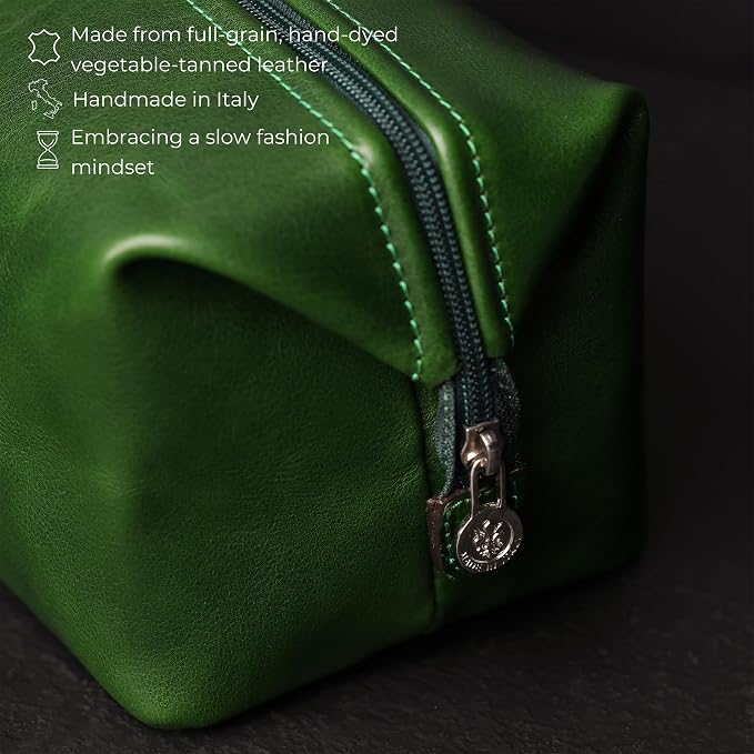 Time Resistance Leather Toiletry Bag - Italian Cosmetic Case Dopp Kit (Green) - Image 4