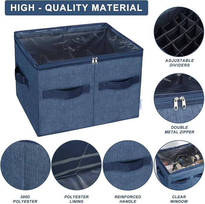 Moteph Shoe Organizer Closet Storage Solution with Clear Cover & Adjustable Dividers for Shoes, Handbags, Blankets, Linen, Clothing (Medium - 16 Pairs, Navy Blue) - Image 3