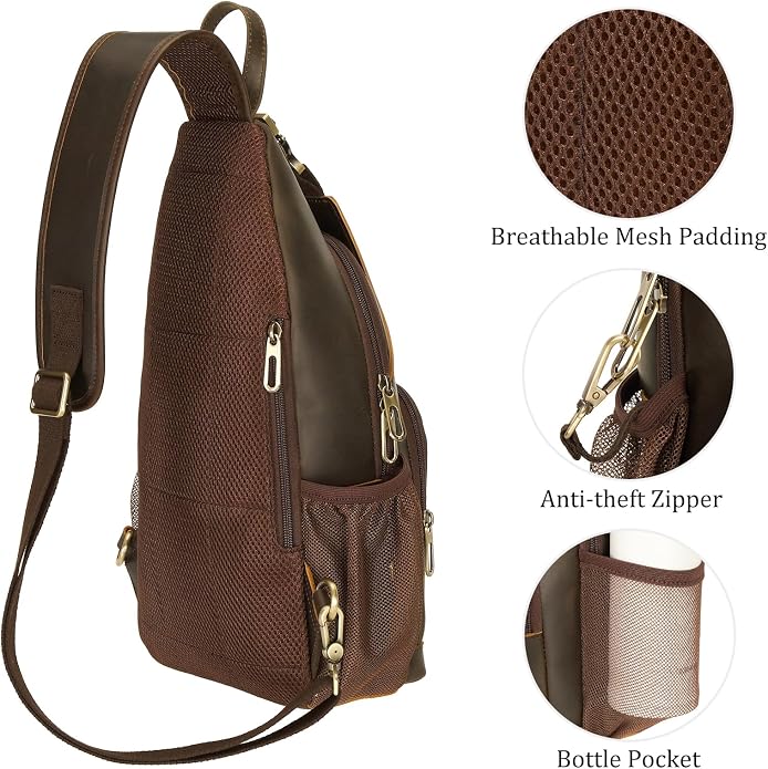 Polare Full Grain Cowhide Anti Theft Chest Shoulder Bag Vintage Sling Crossbody Casual Daypack - Image 9