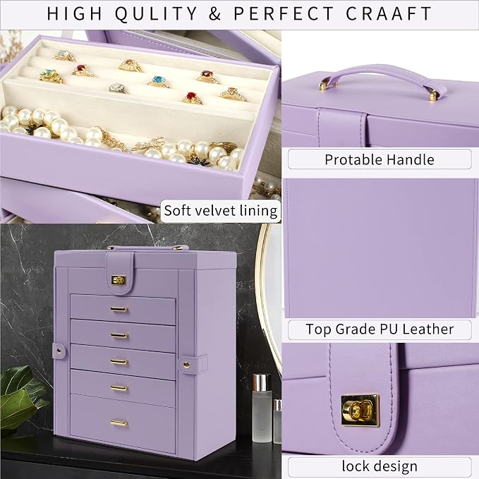 AKOZLIN 6-Tier Jewelry Box Organizer Functional 5 Drawers Leather Jewelry Storage Case for Women Girls Ring Necklace Earring Bracelet Holder Organizer with Mirror Violet Large - Image 4