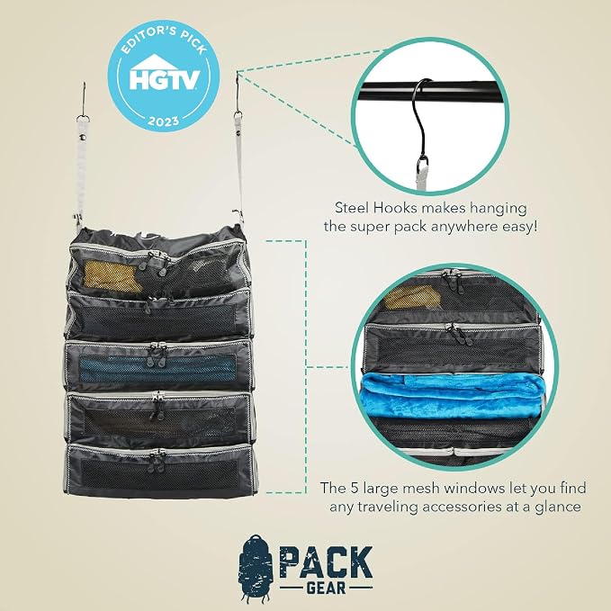 Pack Gear Hanging Suitcase Organizer - Our XL Hanging Luggage Organizer Perfectly Fits Any Suitcase - Our Packing Cubes For Travel Use Mesh Windows to Make Finding Any Outfit Easy (Black, XL) - Image 9