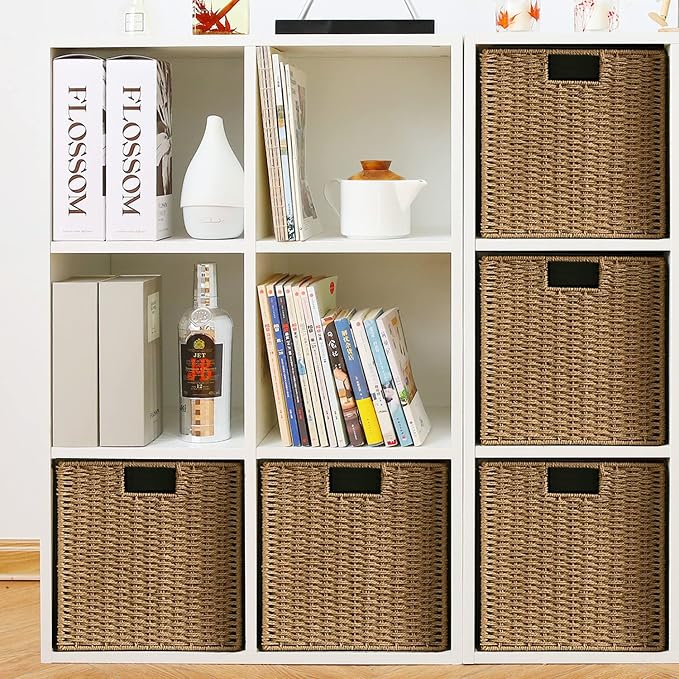 Vagusicc Wicker Storage Basket, Set of 2 Hand-Woven Storage Baskets for Shelves with Handles Foldable Cube Storage Baskets Bins, 9 inch Wicker Baskets for Pantry Bedroom Organizer &Decor, Natural - Image 7