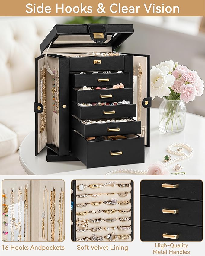 AKOZLIN 6-Tier Jewelry Box Organizer Functional 5 Drawers Leather Jewelry Storage Case for Women Girls Ring Necklace Earring Bracelet Holder Organizer with Mirror Black 360° Rotating - Image 6