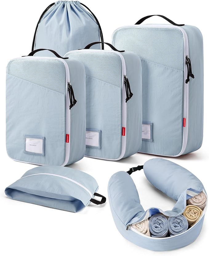 BAGSMART 6 Set Packing Cubes for Travel with Budget Airline Neck Pillow | Travel Essentials, Premium Compression Luggage Organizers for Suitcase, Ultimate Budget Airline Hack, 100% Personal Item Safe by BAGSMART