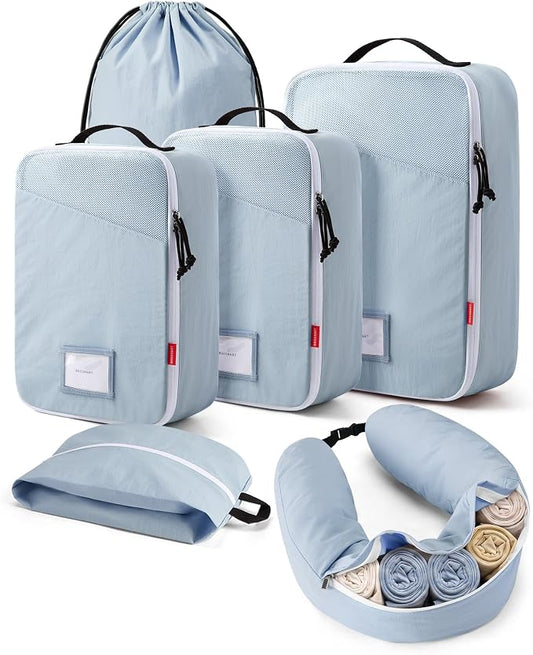 BAGSMART 6 Set Packing Cubes for Travel with Budget Airline Neck Pillow | Travel Essentials, Premium Compression Luggage Organizers for Suitcase, Ultimate Budget Airline Hack, 100% Personal Item Safe by BAGSMART