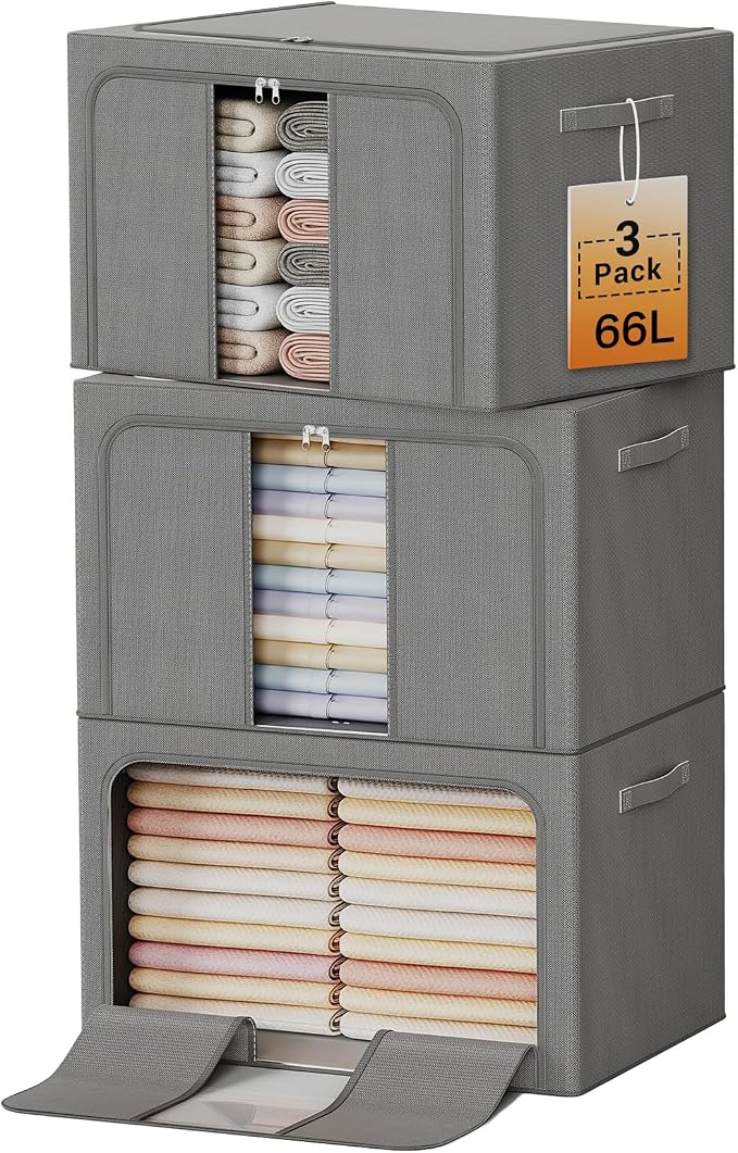 Clothes Storage Bins with Metal Frame, Foldable Clothes Organizers Storage Containers for Clothes, Sheets, Blankets, Pillows and Towels （66L, 3 Pack, Deep Grey by LeArex