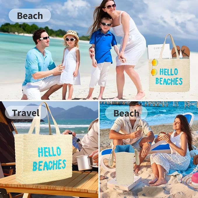 Hello Beaches A Packable Beach Bag | The Straw Beach Tote Bag of 2025 | Beach Bags for Women Vacation | Large Beach Bag - Image 7