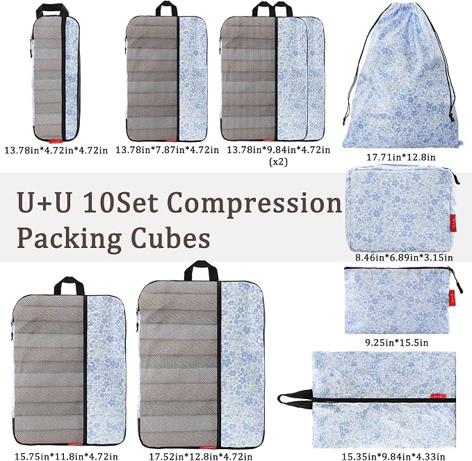 U+U 10 Set Compression Packing Cubes - Ultralight Travel Organizers with Laundry Bag and Cosmetic Bag, Space-Saving Suitcase Organizer for Travel, Business Trip and Family Vacation (Blue Flower) - Image 3