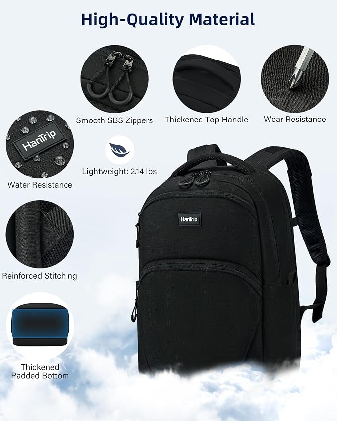 HanTrip Carry On Travel Backpack for Women Men, 30L Medium Work Backpack for Commuter College Water Resistant Bookbags, Black - Image 5