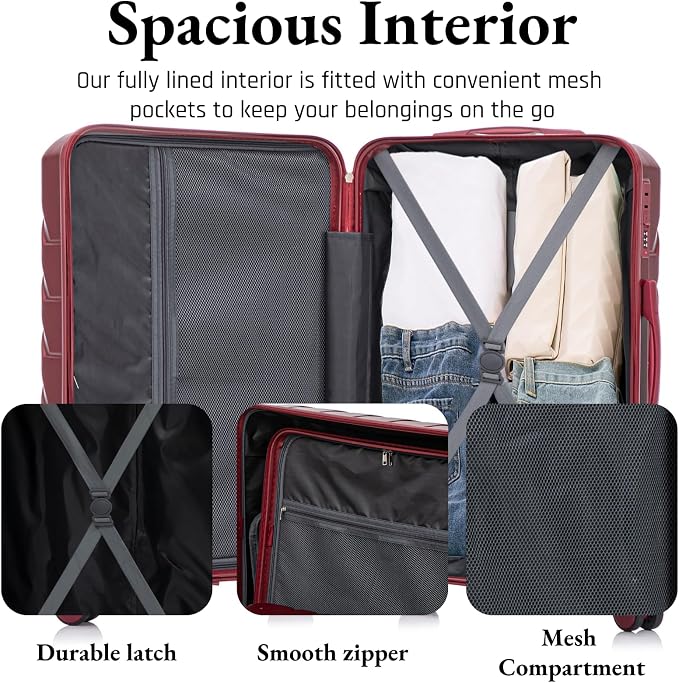 3-Piece ABS Spinner Luggage Set (20" 24" 28") with Combination Lock, Matching Hardshell Suitcases, Wine Red - Image 5