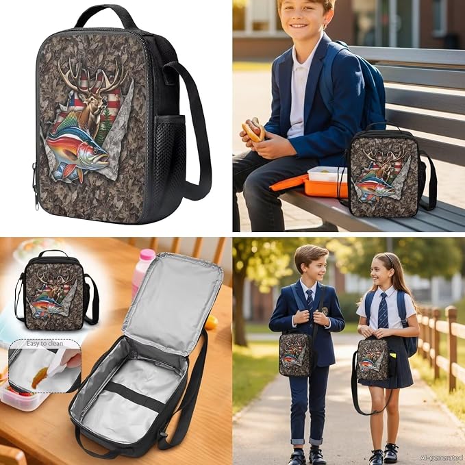 GIFTPUZZ 4 Piece Camo Deer Fish American Flag Backpack Set for Kids | Patriotic Bookbag with Lunch Box for Boys Elementary School, Zip up Pencil Case, Water Bottle Sleeve, Summer Camp, Ages 6-8 - Image 4