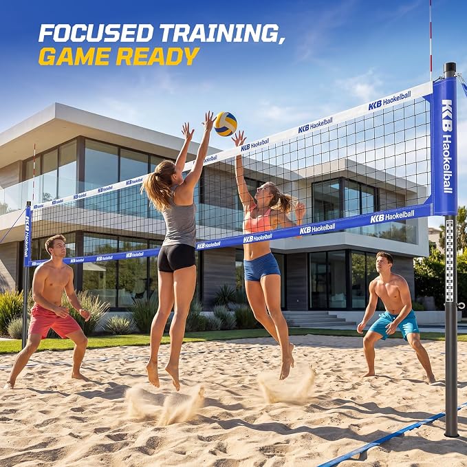 Haokelball Outdoor Volleyball Net Set for Backyard, 32FT Regulation, 3-Level Adjustable Height & Anti-Sag Tension System, Heavy Duty Thick Poles, Includes Volleyball, Pump, Boundary Line and Carry Bag - Image 9