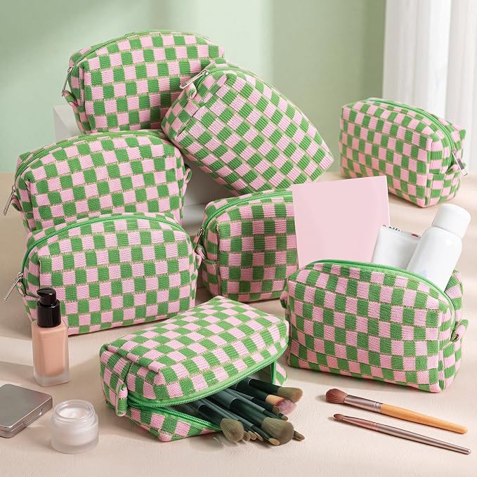 Gilprop 8 Pcs Checkered Makeup Bag for Purse Small Cosmetic Pouch Bulk Portable Zipper Makeup Pouch Travel Toiletry Organizer Gifts for Women Bridesmaid Wedding Party Favors (Pink Green) - Image 4