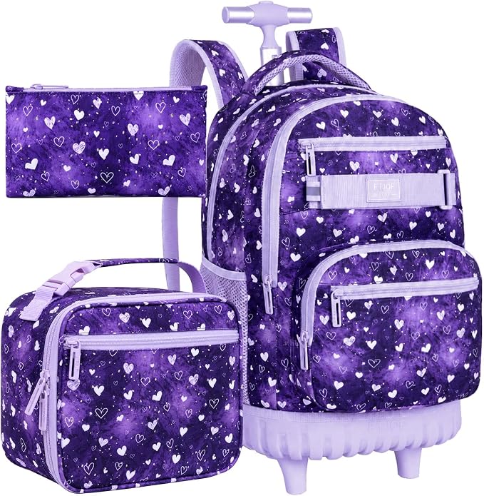 3Pcs Rolling Backpack for Girls, 19" Kids Wheeled Bookbag with Lunch Box, Roller Bag for Elementary Travel (Purple) by FTJCF