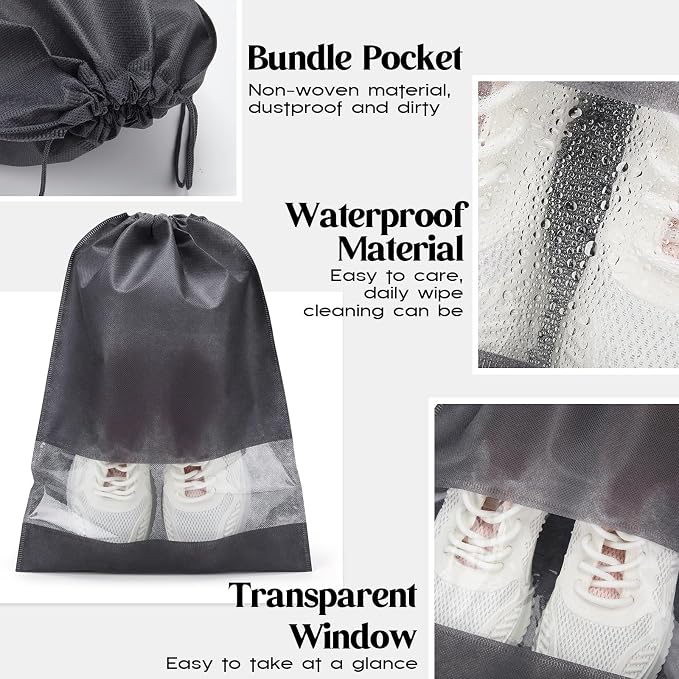 Shappy 50 Pcs Dark Grey Travel Shoe Bags Non Woven Packing Drawstring Sacks Clear Window Large Storage Pouch Organizer for Men Women - Image 3