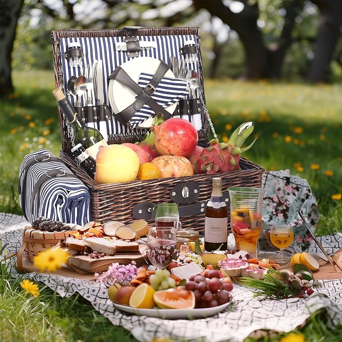 Picnic Basket Set for 4 with Waterproof Blanket Mat Insulation Bag Wicker Navy Blue Vintage Classic Gift for Christmas Thanksgiving Wedding Birthday Camp Outdoor Beach Travel - Image 8