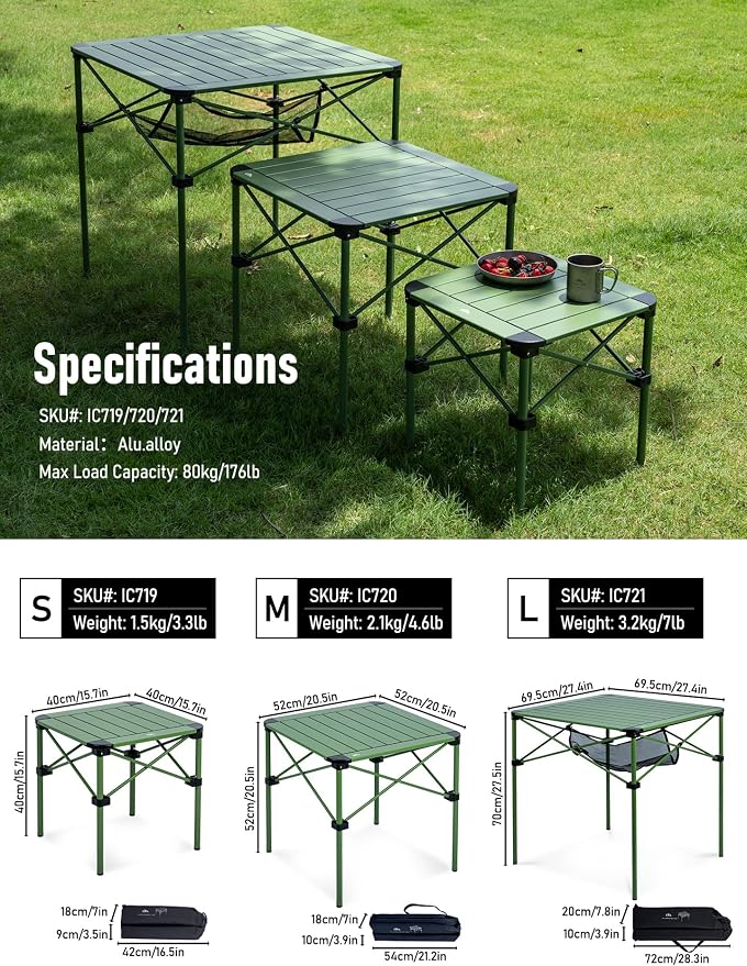 iClimb Lightweight Stable Alu. Folding Square Table Roll Up Top with Carry Bag for Camping Picnic Backyards BBQ Camp Kitchen (Green, S) - Image 5