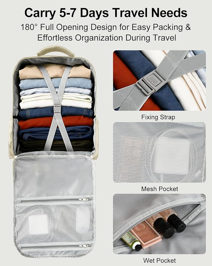 Travel Backpack for Women & Men, Carry On Personal Item Bag Flight Approved, Large Waterproof Laptop Backpack for Travel, Overnight, College & Commuting Beige - Image 2