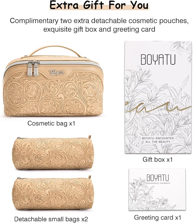 BOYATU Travel Makeup Bags Cosmetic Organizer Bag: 3 Pcs Set Large Capacity Floral Make up Bag with Compartments - Waterproof Leather Toiletry Bags with Handle for Women (17-Apricot) - Image 7
