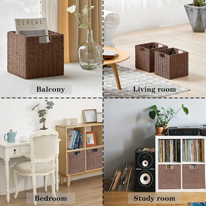 Vagusicc Wicker Storage Basket, Set of 2 Hand-Woven Storage Baskets for Shelves with Handles, Foldable Cube Storage Baskets Bins Organizer, 13 inch Large Wicker Baskets for Pantry Bedroom Decor, Brown - Image 4