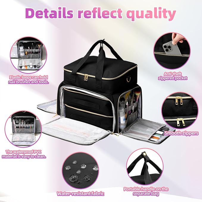 DERSTUEWE Nail Polish Organizer Case – Waterproof Travel Bag with Hard Bottom – Double Layer Nail Storage Bag with Adjustable Dividers & Nail Lamp Compartment (Black) - Image 5