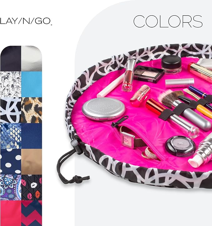 Lay-n-Go Cosmo Layflat Drawstring Cosmetic & Makeup Bag Organizer w/Zipper Pocket, Brush Loops & More, Cinch to Close, Lay Flat to Use, Durable, Machine Wash, Travel Toiletry Bag (20", Black/White) - Image 6